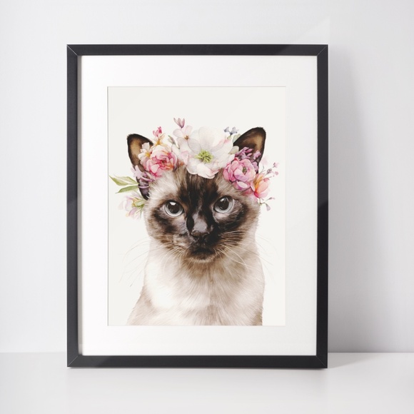 Watercolor Siamese Cat with Flower Crown Wall Art Print Unframed - Picture 3 of 6